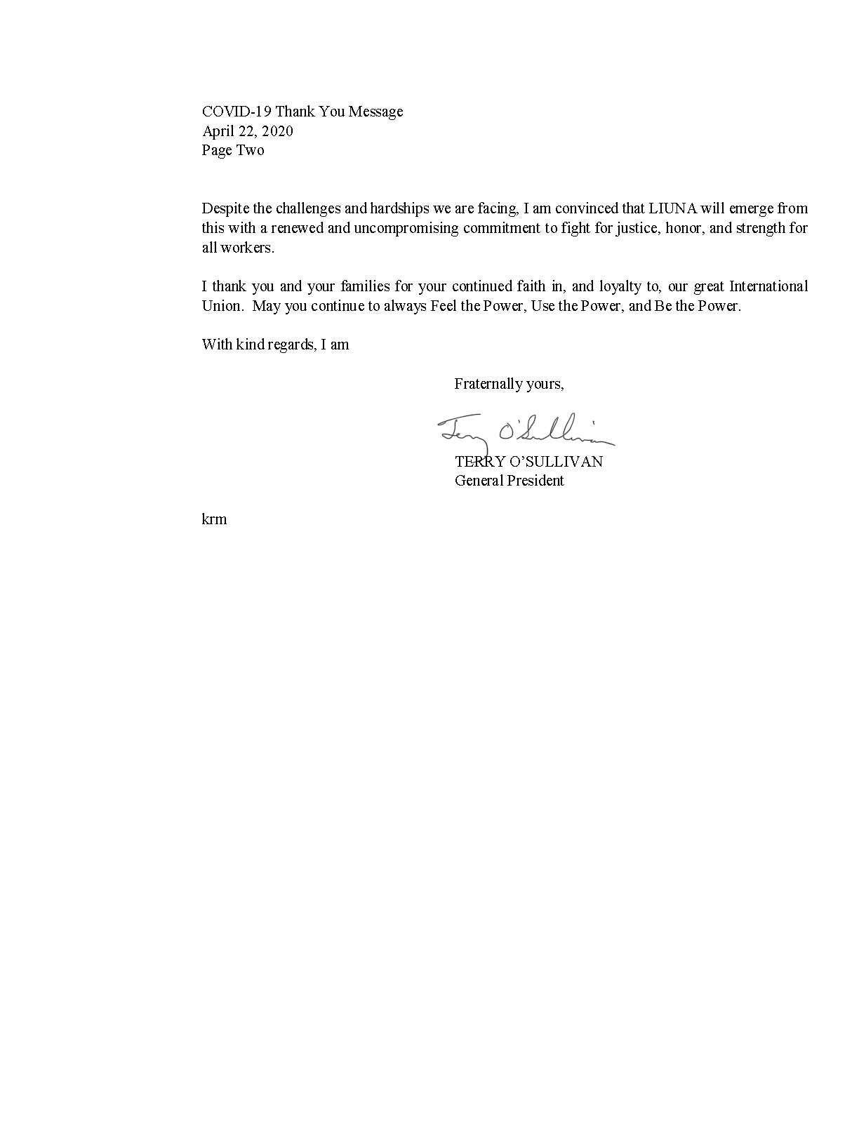 Thank You Letter from LIUNA General President, Terry O'Sullivan ...